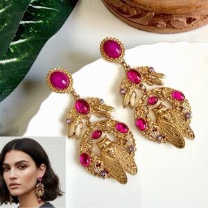 Gold Cicada Pink Crystal Baroque Earrings Ornate Vintage Style Jewelry Gift NEW